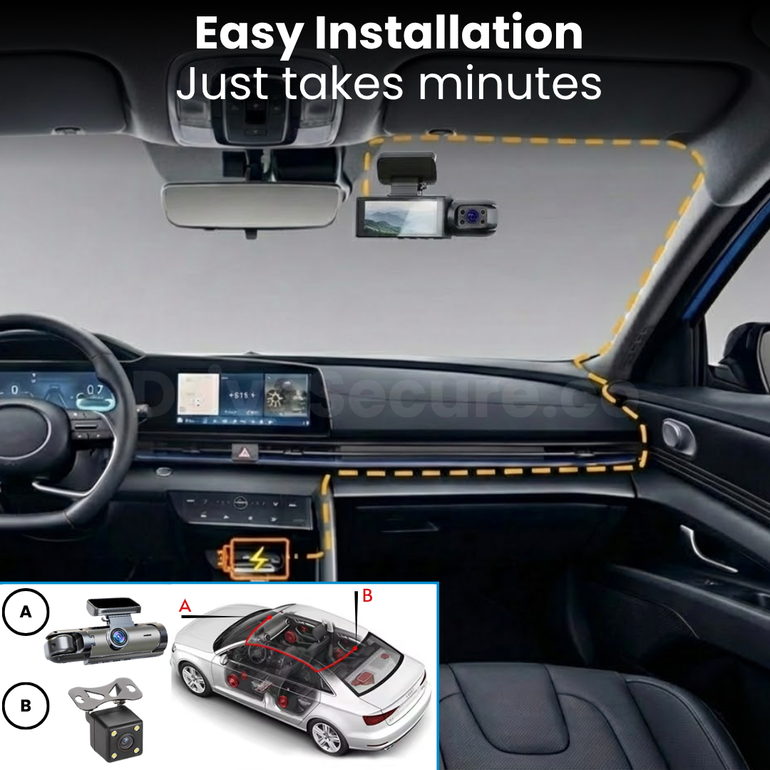 DriveSecure 3-Channel 1080p HD Front, Cabin, and Rear Dash Cam
