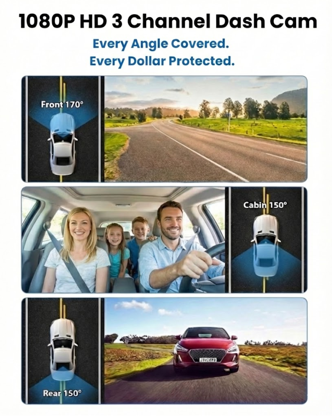 DriveSecure 3-Channel 1080p HD Front, Cabin, and Rear Dash Cam