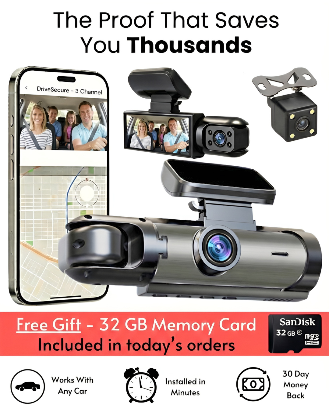 DriveSecure 3-Channel 1080p HD Front, Cabin, and Rear Dash Cam
