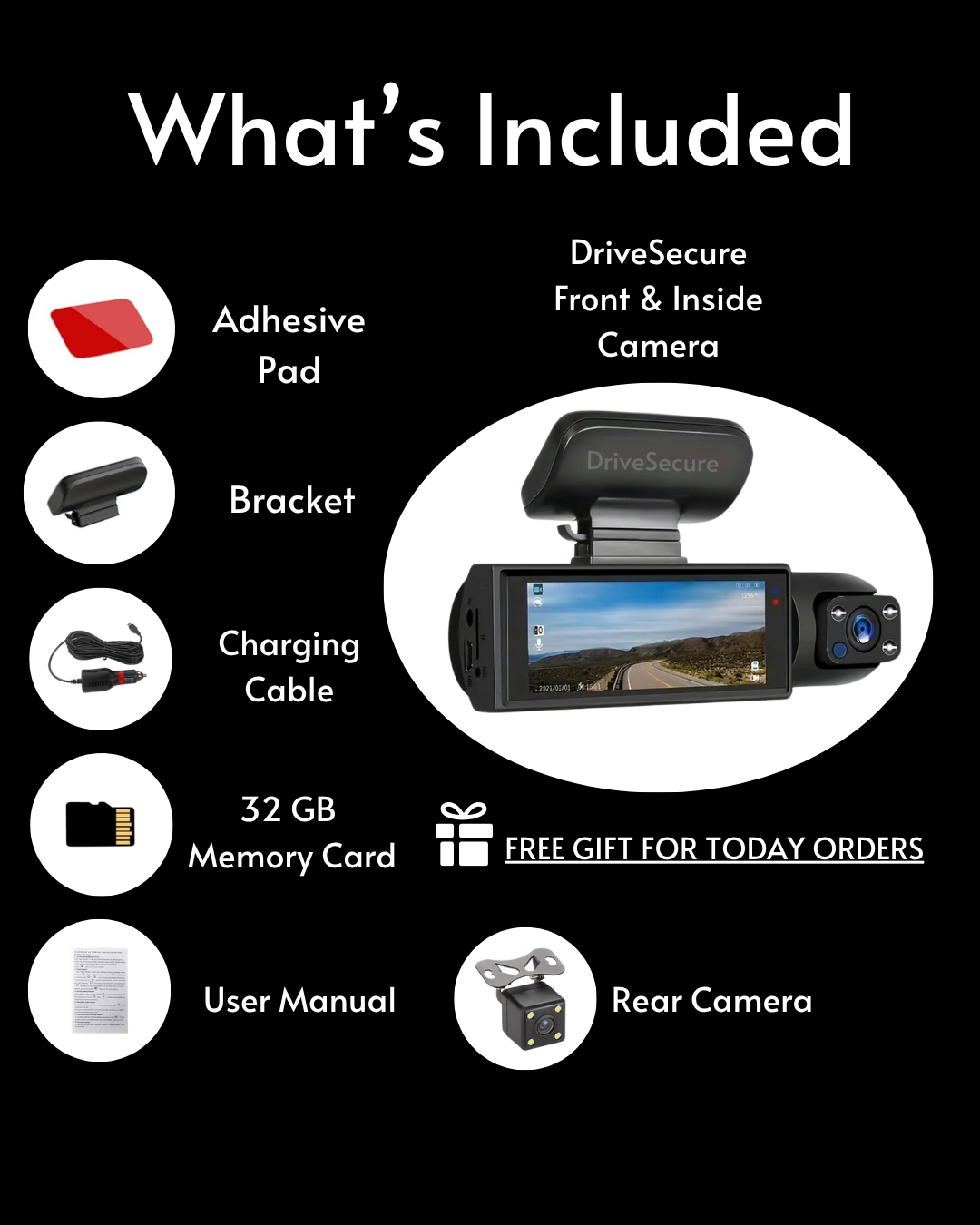 DriveSecure 3-Channel 1080p HD Front, Cabin, and Rear Dash Cam