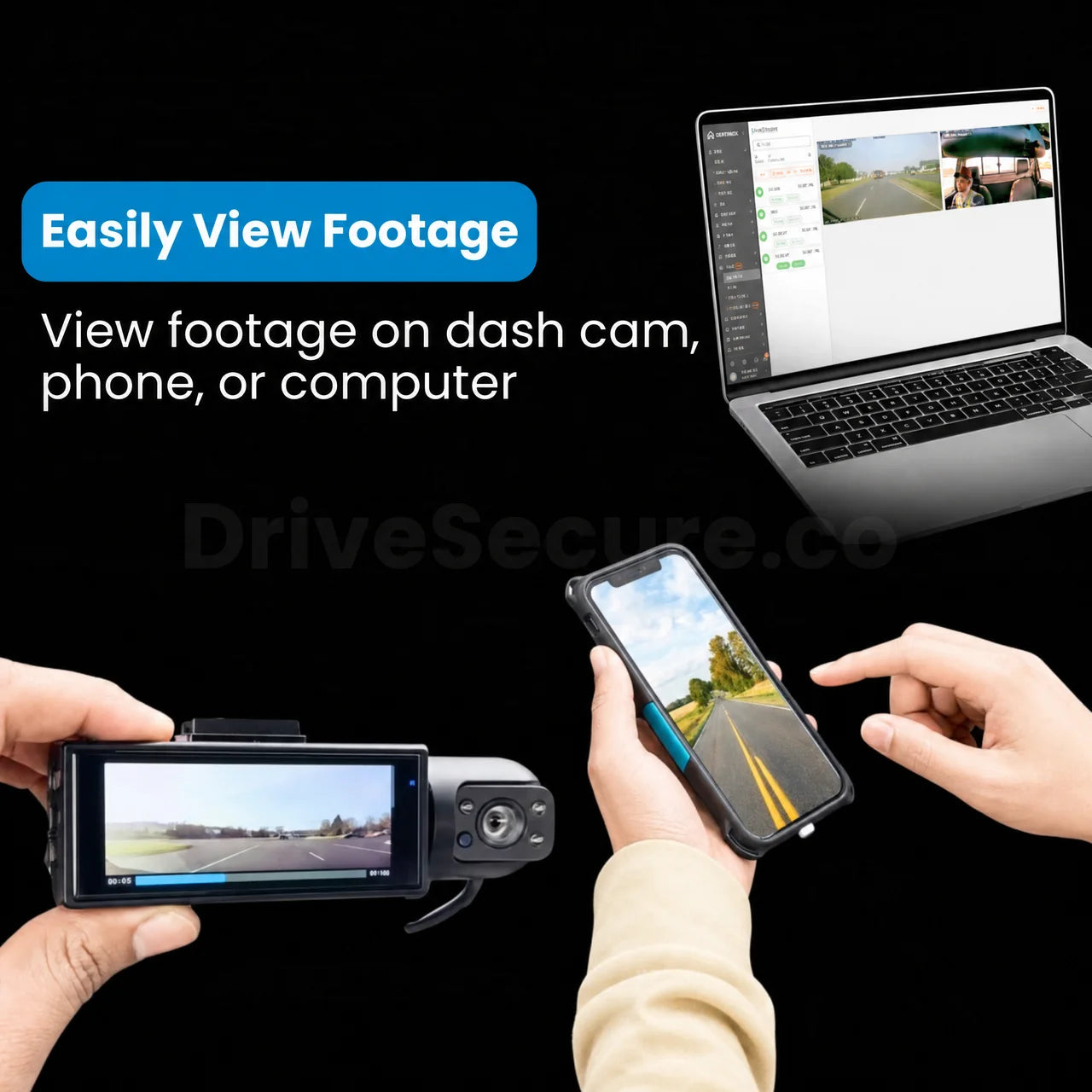 DriveSecure 3-Channel 1080p HD Front, Cabin, and Rear Dash Cam